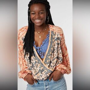 Free People Crusin Together Floral Print Blouse in Peach and grey